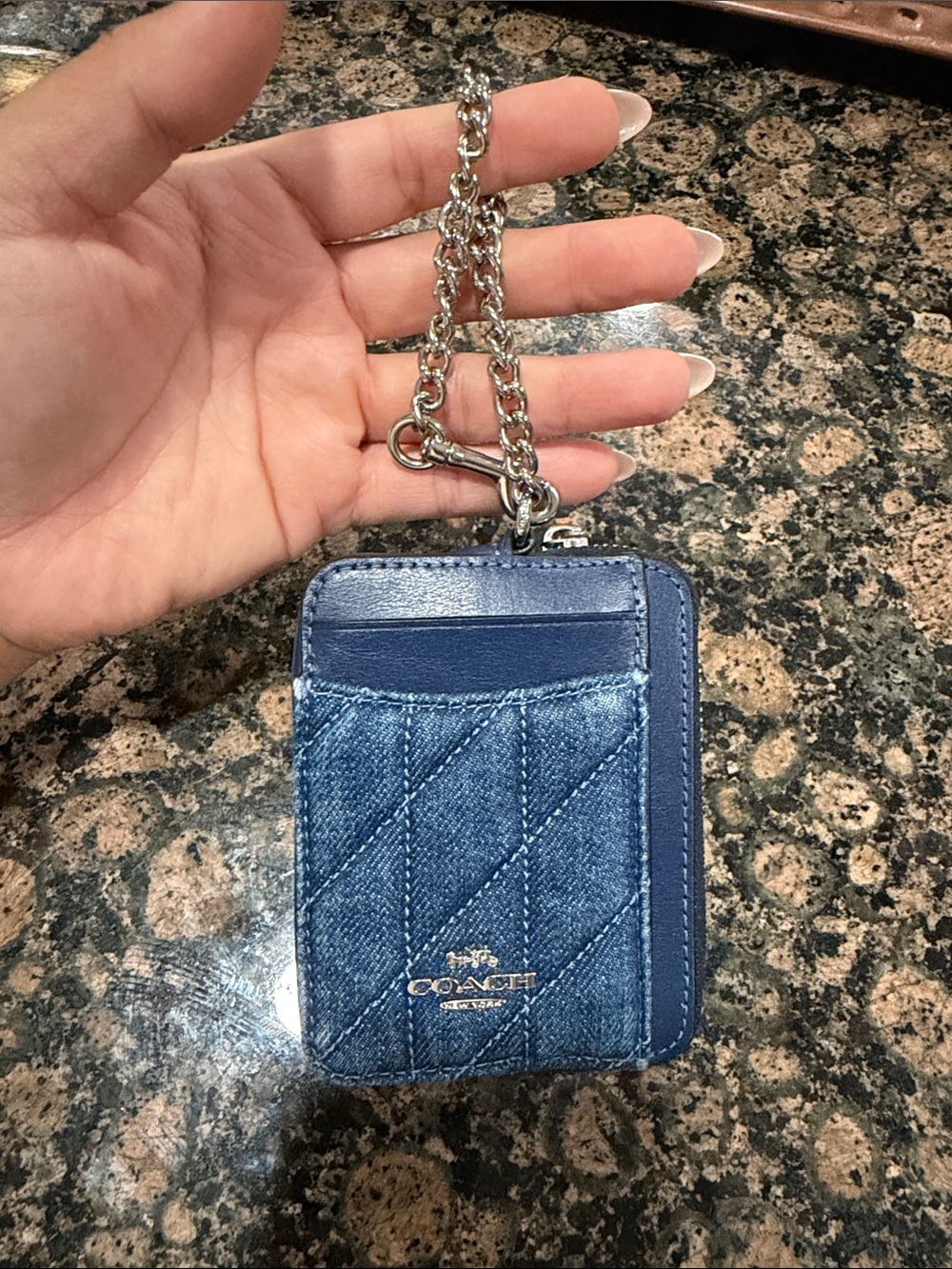 Coach Quilted Denim Card Holder with Chain - Navy Blue